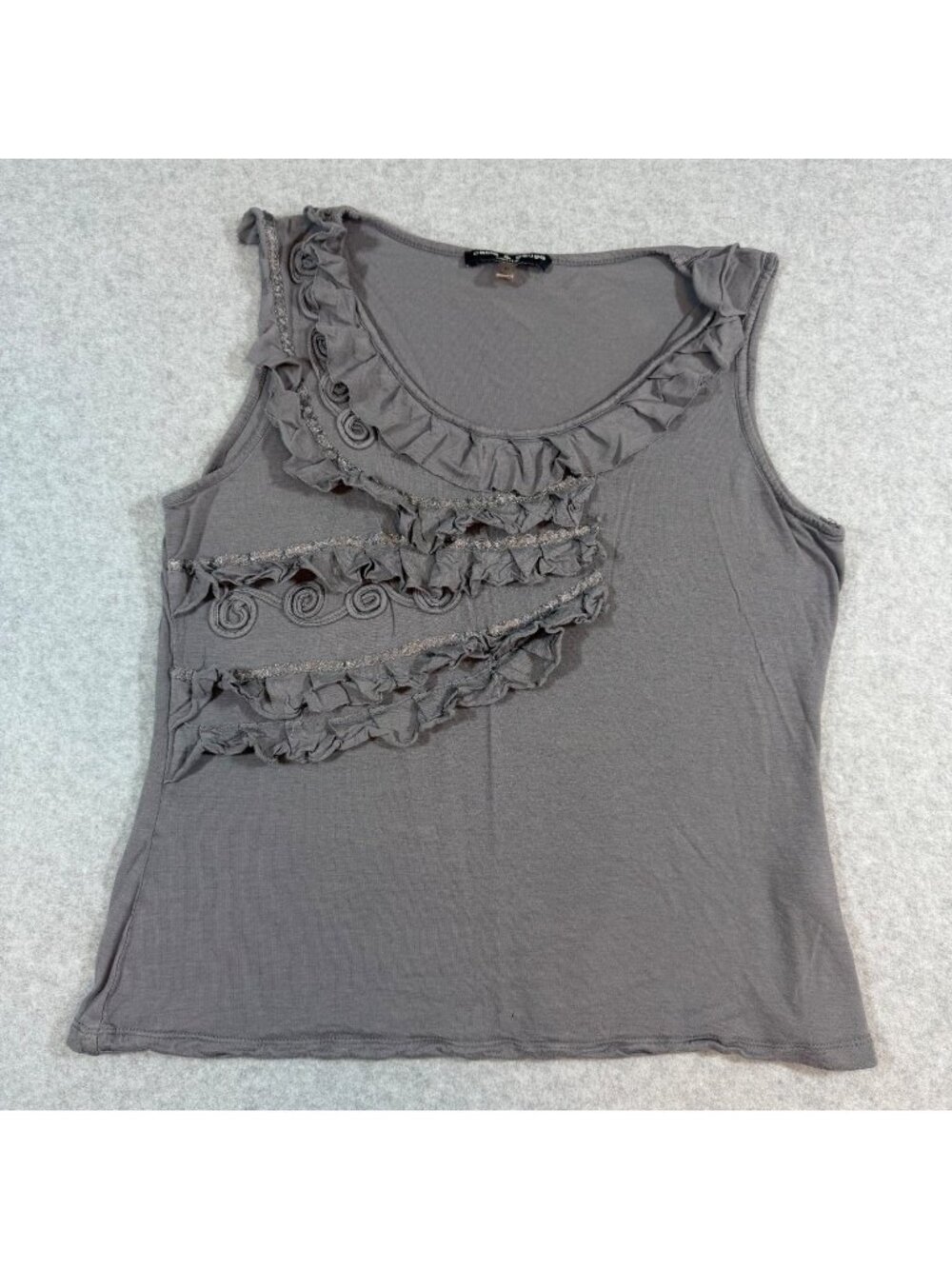 Cable & Gauge Petite Women's Medium Gray Sleeveless Ruffle Tank Top Viscose